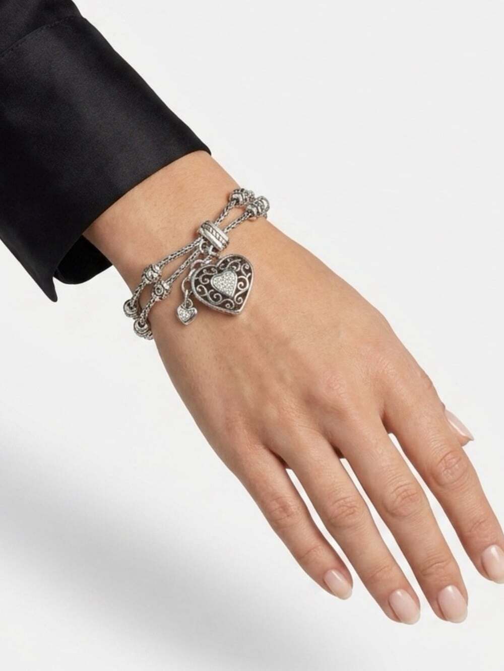Brighton Silver Plated Braided Bracelet w Pink Ribbon Heart Charm Meridian